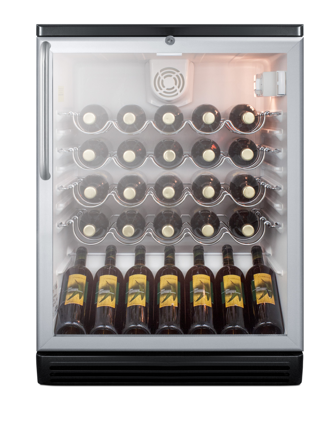 Commercially approved wine cellar for built-in undercounter use, with glass door, black cabinet, and stainless steel towel bar handle